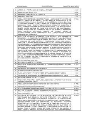 (Tercera Sección) DIARIO OFICIAL Lunes 22 de agosto de 2011
39 LOCKER DE 5 PUERTAS 380 X 450 X 1820 MM, METALICO 5-PZA
40 MESA FIJA PARA MOTOR VIVO. 4-PZA
41 MESA PARA COMPUTADORA DE 120 X 60 CM. 2-PZA
42 MESA PARA IMPRESORA. 3-PZA
43 MODULO DE INVESTIGACION Y DISEÑO ENFOCADO A SISTEMAS DE TRANSPORTE, QUE
INCLUYE SIMULADOR MULTIMEDIA Y EQUIPO PARA LA INVESTIGACION DE UN
TRANSPORTE DE LEVITACION MAGNETICA. EL MODULO DEBERA PERMITIR QUE TODOS
LOS ESTUDIANTES REALICEN SIMULTANEAMENTE ACTIVIDADES RELACIONADAS CON
LOS MISMOS TEMAS Y DEBERA UTILIZAR SOFTWARE INTERACTIVO EN ESPAÑOL. EL
MODULO DEBERA INTEGRAR PRACTICAS RELACIONADAS CON: INVESTIGACION Y
DISEÑO EN LOS SISTEMAS DE TRANSPORTE; PROYECTO DE INVESTIGACION Y
DISEÑO; TECNOLOGIAS DEL TRANSPORTE; PRUEBA DE MATERIALES APROPIADOS
PARA CONTACTOS ELECTRICOS; FUERZAS DE CHOQUE; DISEÑO DE
AMORTIGUADORES; USO DE COMPUTADORAS PARA LA OPERACION DE SISTEMAS;
INGENIERIA DEL TRANSPORTE.
1- MOD
44 MODULO DE TECNOLOGIA AUTOMOTRIZ. ESTA INTEGRADO POR SOFTWARE DE
SIMULACION Y UN TABLERO ENTRENADOR CON INSERCION DE FALLAS QUE ABARCA
TODOS LOS SISTEMAS BASICOS DEL AUTOMOVIL, INCLUYENDO CIRCUITOS DE CARGA
Y ARRANQUE, DE LUCES, MOTORES Y TRANSMISION, FRENOS, SUSPENSION Y
DIRECCION. EL MODULO DEBERA PERMITIR QUE TODOS LOS ESTUDIANTES REALICEN
SIMULTANEAMENTE ACTIVIDADES RELACIONADAS CON LOS MISMOS TEMAS Y DEBERA
UTILIZAR SOFTWARE INTERACTIVO EN ESPAÑOL. EL MODULO DEBERA INTEGRAR
PRACTICAS RELACIONADAS CON: IDENTIFICACION DE SEÑALES DE ADVERTENCIA EN
EL ENCENDIDO Y ARRANQUE DEL VEHICULO; IDENTIFICACION DE SISTEMAS Y
CIRCUITOS DE LUCES; EVALUACION DE CONSUMO DE ACEITE EN DIFERENTES TIPOS
DE AUTOMOVIL; RELACION ENTRE VELOCIDAD DEL MOTOR Y VELOCIDAD DEL
VEHICULO; CONSUMO DE COMBUSTIBLE DE UN AUTOMOVIL; PRESION DE INFLADO DE
LAS LLANTAS DE DIFERENTES TIPOS DE AUTOMOVIL; FUNCIONAMIENTO DEL SISTEMA
DE LUZ DE FRENO; SISTEMAS DE DIRECCION Y SUSPENSION; DIAGNOSTICO DE
FALLAS EN SISTEMAS ELECTRICOS.
1-MOD
45 MOTOR FUNCIONAL DIDACTICO. 1-PZA
46 MOTOR SECCIONADO DE 4 CILINDROS. 1-PZA
47 PAQUETE DE HIGIENE Y SEGURIDAD PARA EL LABORATORIO DE DISEÑO Y MECANICA
AUTOMOTRIZ.
1- PAQ
48 PINZAS PARA MONTAR RESORTES DE FRENOS. 1-PZA
49 PIZARRON ELECTRONICO INTERACTIVO. 1-PZA
50 PLUMA LEVANTADOR Y TRANSPORTADOR HIDRAULICO 500 KGS CON RUEDAS. 1-PZA
51 PROBADOR DE REGULADORES, ALTERNADORES Y GENERADORES DE 127 VOLTS. 1-PZA
52 PROBADOR PARA CELDAS DE 6 Y 12 VOLTS.
53 PROYECTOR (TIPO CAÑON) DIGITAL CON ACCESORIOS, CARACTERISTICAS MINIMAS:
2000 ANSI LUMENS/BRILLANTES.
1-PZA
54 REGULADOR CON RESPALDO DE ENERGIA DE 1500 W (NO BREAKE). 1 – PZA
55 REGULADOR ACONDICIONADOR EN LINEA. 1 – PZA
56 RUTEADOR/MODEM PARA RED INALAMBRICA, TECNOLOGIA 802. 11 G 2.4 GHZ. 1 – PZA
57 SILLA APILABLE DE 495 X 567 X 767 MM, ESTRUCTURA METALICA. 17-PZA
58 SILLA ESPECIAL CAPFCE. 1 – PZA
59 SISTEMA DE AUTOTRONICA QUE SE INTEGRA DE UN CONJUNTO DE MODULOS
INDIVIDUALES QUE COMBINAN SOFTWARE INTERACTIVO CON TABLEROS DE
PRACTICAS, Y QUE CUBREN LOS CIRCUITOS ELECTRICOS Y ELECTRONICOS MAS
IMPORTANTES DEL AUTOMOVIL. EL MODULO DEBERA CONTENER PRESENTACIONES Y
DEMOSTRACIONES PARA LOS ESTUDIANTES, DE ACTIVIDADES PRACTICAS,
INVESTIGACIONES DOCUMENTALES, RESOLUCION DE PROBLEMAS Y PROYECTOS. EL
PROGRAMA DE APRENDIZAJE DEL MODULO DEBERA PERMITIR QUE TODOS LOS
ESTUDIANTES REALICEN SIMULTANEAMENTE ACTIVIDADES RELACIONADAS CON LOS
MISMOS TEMAS Y DEBERA UTILIZAR SOFTWARE INTERACTIVO EN ESPAÑOL. EL
MODULO DEBERA INTEGRAR PRACTICAS RELACIONADAS CON: FUNCIONAMIENTO Y
1 – PZA
 