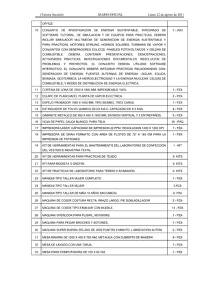 (Tercera Sección) DIARIO OFICIAL Lunes 22 de agosto de 2011
OFFICE
10 CONJUNTO DE INVESTIGACION DE ENERGIA SUSTENTABLE, INTEGRADO DE
SOFTWARE TUTORIAL, DE SIMULACION Y DE EQUIPOS PARA PRACTICAS. DEBERA
INCLUIR SIMULADOR MULTIMEDIA DE GENERACION DE ENERGIA SUSTENTABLE Y
PARA PRACTICAS, MOTORES STIRLING, HORNOS SOLARES, TURBINAS DE VAPOR Y
CONJUNTOS CON GENERADORES EOLICOS, PANELES FOTOVOLTAICOS Y CELDAS DE
COMBUSTIBLE. DEBERA CONTENER PRESENTACIONES, DEMOSTRACIONES,
ACTIVIDADES PRACTICAS, INVESTIGACIONES DOCUMENTALES, RESOLUCION DE
PROBLEMAS Y PROYECTOS. EL CONJUNTO DEBERA UTILIZAR SOFTWARE
INTERACTIVO. EL CONJUNTO DEBERA INTEGRAR PRACTICAS RELACIONADAS CON:
GENERACION DE ENERGIA; FUENTES ALTERNAS DE ENERGIA –SOLAR, EOLICA,
BIOMASA, GEOTERMICA; LA HIDROELECTRICIDAD Y LA ENERGIA NUCLEAR; CELDAS DE
COMBUSTIBLE; Y REDES DE DISTRIBUCION DE ENERGIA ELECTRICA.
1 - JGO
11 CORTINA DE LONA DE 2500 X 1800 MM, IMPERMEABLE 100%. 1 - PZA
12 EQUIPO DE PLANCHADO, PLANTA DE VAPOR ELECTRICA. 2 - PZA
13 ESPEJO PROBADOR 1560 X 1400 MM, TIPO BIOMBO, TRES CARAS. 1 - PZA
14 EXTINGUIDOR DE POLVO QUIMICO SECO A.B.C. CAPACIDAD DE 8.5 KGS. 4 - PZA
15 GABINETE METALICO DE 900 X 450 X 1850 MM, DIVISION VERTICAL Y 5 ENTREPAÑOS. 5 - PZA
16 HOJA DE PAPEL CALCA BLANCO, PARA TELA. 30 - PAQ
17 IMPRESORA LASER, CAPACIDAD DE IMPRESION 22 PPM, RESOLUCION 1200 X 1200 DPI. 1 - PZA
18 IMPRESORA DE GRAN FORMATO CON AREA DE PLOTEO DE 72” A 183 CM PARA LA
IMPRESION DE PATRONES.
1 - PZA
19 KIT DE HERRAMIENTAS PARA EL MANTENIMIENTO DEL LABORATORIO DE CONFECCION
DEL VESTIDO E INDUSTRIA TEXTIL.
1 - KIT
20 KIT DE HERRAMIENTAS PARA PRACTICAS DE TEJIDO. 3- KITS
21 KIT PARA MODISTA O SASTRE. 3- KITS
22 KIT DE PRACTICAS DE LABORATORIO PARA TEÑIDO Y ACABADOS. 2- KITS
23 MANIQUI TIPO TALLER MUJER COMPLETO 1 - PZA
24 MANIQUI TIPO TALLER MUJER 3-PZA
25 MANIQUI TIPO TALLER DE NIÑA 10 AÑOS SIN CABEZA 2- PZA
26 MAQUINA DE COSER COSTURA RECTA, BRAZO LARGO, PIE DOBLADILLADOR 2 - PZA
27 MAQUINA DE COSER TIPO FAMILIAR CON MUEBLE. 14 - PZA
28 MAQUINA OVERLOOK PARA PLISAR_ M31000062 1 - PZA
29 MAQUINA PARA PEGAR BROCHES Y BOTONES. 1 - PZA
30 MAQUINA SUPER RAPIDA ZIG-ZAG DE 3000 PUNTOS X MINUTO, LUBRICACION AUTOM 2 - PZA
31 MESA BINARIA DE 1200 X 400 X 750 MM, METALICA CON CUBIERTA DE MADERA 8 - PZA
32 MESA DE LAVADO CON UNA TARJA. 1 - PZA
33 MESA PARA COMPUTADORA DE 120 X 60 CM. 1 - PZA
 
