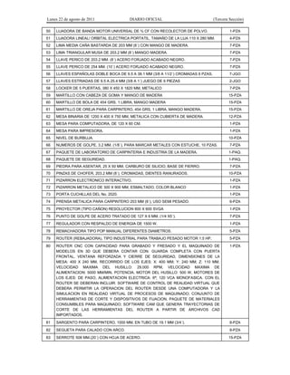 Lunes 22 de agosto de 2011 DIARIO OFICIAL (Tercera Sección)
50 LIJADORA DE BANDA MOTOR UNIVERSAL DE ¾ CF CON RECOLECTOR DE POLVO. 1-PZA
51 LIJADORA LINEAL/ ORBITAL ELECTRICA PORTATIL, TAMAÑO DE LA LIJA 110 X 280 MM. 4-PZA
52 LIMA MEDIA CAÑA BASTARDA DE 203 MM (8´) CON MANGO DE MADERA. 7-PZA
53 LIMA TRIANGULAR MUSA DE 203.2 MM (8´) MANGO MADERA. 7-PZA
54 LLAVE PERICO DE 203.2 MM. (8´) ACERO FORJADO ACABADO NEGRO. 7-PZA
55 LLAVE PERICO DE 254 MM. (10´) ACERO FORJADO ACABADO NEGRO. 7-PZA
56 LLAVES ESPAÑOLAS DOBLE BOCA DE 9.5 A 38.1 MM (3/8 A 11/2´) CROMADAS 6 PZAS. 7-JGO
57 LLAVES ESTRIADAS DE 9.5 A 25.4 MM (3/8 A 1´) JUEGO DE 6 PIEZAS 2-JGO
58 LOCKER DE 5 PUERTAS, 380 X 450 X 1820 MM, METALICO 7-PZA
59 MARTILLO CON CABEZA DE GOMA Y MANGO DE MADERA 15-PZA
60 MARTILLO DE BOLA DE 454 GRS. 1 LIBRA, MANGO MADERA 15-PZA
61 MARTILLO DE OREJA PARA CARPINTERO, 454 GRS, 1 LIBRA, MANGO MADERA. 15-PZA
62 MESA BINARIA DE 1200 X 400 X 750 MM, METALICA CON CUBIERTA DE MADERA. 12-PZA
63 MESA PARA COMPUTADORA, DE 120 X 60 CM. 1-PZA
64 MESA PARA IMPRESORA. 1-PZA
65 NIVEL DE BURBUJA. 10-PZA
66 NUMEROS DE GOLPE, 3.2 MM. (1/8´), PARA MARCAR METALES CON ESTUCHE, 10 PZAS. 7-PZA
67 PAQUETE DE LABORATORIO DE CARPINTERIA E INDUSTRIA DE LA MADERA. 1-PAQ.
68 PAQUETE DE SEGURIDAD. 1-PAQ.
69 PIEDRA PARA ASENTAR, 25 X 50 MM. CARBURO DE SILICIO, BASE DE FIERRO. 7-PZA
70 PINZAS DE CHOFER, 203.2 MM (8´), CROMADAS, DIENTES RANURADOS. 10-PZA
71 PIZARRON ELECTRONICO INTERACTIVO. 1-PZA
72 PIZARRON METALICO DE 300 X 900 MM, ESMALTADO, COLOR BLANCO 1-PZA
73 PORTA CUCHILLAS DEL No. 2020. 1-PZA
74 PRENSA METALICA PARA CARPINTERO 203 MM (8´), USO SEMI PESADO. 6-PZA
75 PROYECTOR (TIPO CAÑON) RESOLUCION 800 X 600 SVGA 1-PZA
76 PUNTO DE GOLPE DE ACERO TRATADO DE 127 X 6 MM. (1/4 X5´). 7-PZA
77 REGULADOR CON RESPALDO DE ENERGIA DE 1500 W. 1-PZA
78 REMACHADORA TIPO POP MANUAL DIFERENTES DIAMETROS. 5-PZA
79 ROUTER (REBAJADORA), TIPO INDUSTRIAL PARA TRABAJO PESADO MOTOR 1.5 HP. 5-PZA
80 ROUTER CNC CON CAPACIDAD PARA GRABADO Y FRESADO Y EL MAQUINADO DE
MODELOS EN 3D QUE DEBERA CONTAR CON: GUARDA COMPLETA CON PUERTA
FRONTAL, VENTANA REFORZADA Y CIERRE DE SEGURIDAD, DIMENSIONES DE LA
MESA: 400 X 240 MM, RECORRIDO DE LOS EJES: X: 400 MM; Y: 240 MM; Z: 110 MM,
VELOCIDAD MAXIMA DEL HUSILLO: 29,000 RPM, VELOCIDAD MAXIMA DE
ALIMENTACION: 5000 MM/MIN, POTENCIA, MOTOR DEL HUSILLO: 500 W, MOTORES DE
LOS EJES: DE PASO, ALIMENTACION ELECTRICA: 6ª; 120 VCA MONOFASICA. CON EL
ROUTER SE DEBERAN INCLUIR: SOFTWARE DE CONTROL DE REALIDAD VIRTUAL QUE
DEBERA PERMITIR LA OPERACION DEL ROUTER DESDE UNA COMPUTADORA Y LA
SIMULACION EN REALIDAD VIRTUAL DE PROCESOS DE MAQUINADO; CONJUNTO DE
HERRAMIENTAS DE CORTE Y DISPOSITIVOS DE FIJACION, PAQUETE DE MATERIALES
CONSUMIBLES PARA MAQUINADO; SOFTWARE CAM QUE GENERA TRAYECTORIAS DE
CORTE DE LAS HERRAMIENTAS DEL ROUTER A PARTIR DE ARCHIVOS CAD
IMPORTADOS.
1-PZA
81 SARGENTO PARA CARPINTERO, 1000 MM, EN TUBO DE 19.1 MM (3/4´). 8-PZA
82 SEGUETA PARA CALADO CON ARCO. 8-PZA
83 SERROTE 508 MM.(20´) CON HOJA DE ACERO. 15-PZA
 