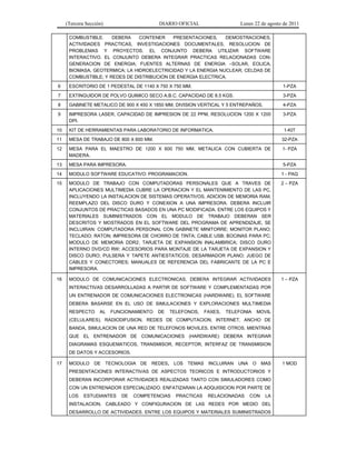 (Tercera Sección) DIARIO OFICIAL Lunes 22 de agosto de 2011
COMBUSTIBLE. DEBERA CONTENER PRESENTACIONES, DEMOSTRACIONES,
ACTIVIDADES PRACTICAS, INVESTIGACIONES DOCUMENTALES, RESOLUCION DE
PROBLEMAS Y PROYECTOS. EL CONJUNTO DEBERA UTILIZAR SOFTWARE
INTERACTIVO. EL CONJUNTO DEBERA INTEGRAR PRACTICAS RELACIONADAS CON:
GENERACION DE ENERGIA; FUENTES ALTERNAS DE ENERGIA –SOLAR, EOLICA,
BIOMASA, GEOTERMICA; LA HIDROELECTRICIDAD Y LA ENERGIA NUCLEAR; CELDAS DE
COMBUSTIBLE; Y REDES DE DISTRIBUCION DE ENERGIA ELECTRICA.
6 ESCRITORIO DE 1 PEDESTAL DE 1140 X 750 X 750 MM. 1-PZA
7 EXTINGUIDOR DE POLVO QUIMICO SECO A.B.C. CAPACIDAD DE 8.5 KGS. 3-PZA
8 GABINETE METALICO DE 900 X 450 X 1850 MM, DIVISION VERTICAL Y 5 ENTREPAÑOS. 4-PZA
9 IMPRESORA LASER, CAPACIDAD DE IMPRESION DE 22 PPM, RESOLUCION 1200 X 1200
DPI.
3-PZA
10 KIT DE HERRAMIENTAS PARA LABORATORIO DE INFORMATICA. 1-KIT
11 MESA DE TRABAJO DE 800 X 600 MM. 32-PZA
12 MESA PARA EL MAESTRO DE 1200 X 600 750 MM, METALICA CON CUBIERTA DE
MADERA.
1- PZA
13 MESA PARA IMPRESORA. 5-PZA
14 MODULO SOFTWARE EDUCATIVO: PROGRAMACION. 1 - PAQ
15 MODULO DE TRABAJO CON COMPUTADORAS PERSONALES QUE A TRAVES DE
APLICACIONES MULTIMEDIA CUBRE LA OPERACION Y EL MANTENIMIENTO DE LAS PC,
INCLUYENDO LA INSTALACION DE SISTEMAS OPERATIVOS, ADICION DE MEMORIA RAM,
REEMPLAZO DEL DISCO DURO Y CONEXION A UNA IMPRESORA. DEBERA INCLUIR
CONJUNTOS DE PRACTICAS BASADOS EN UNA PC MODIFICADA. ENTRE LOS EQUIPOS Y
MATERIALES SUMINISTRADOS CON EL MODULO DE TRABAJO DEBERAN SER
DESCRITOS Y MOSTRADOS EN EL SOFTWARE DEL PROGRAMA DE APRENDIZAJE, SE
INCLUIRAN: COMPUTADORA PERSONAL CON GABINETE MINITORRE; MONITOR PLANO;
TECLADO; RATON; IMPRESORA DE CHORRO DE TINTA; CABLE USB; BOCINAS PARA PC;
MODULO DE MEMORIA DDR2; TARJETA DE EXPANSION INALAMBRICA; DISCO DURO
INTERNO DVD/CD RW; ACCESORIOS PARA MONTAJE DE LA TARJETA DE EXPANSION Y
DISCO DURO; PULSERA Y TAPETE ANTIESTATICOS; DESARMADOR PLANO; JUEGO DE
CABLES Y CONECTORES; MANUALES DE REFERENCIA DEL FABRICANTE DE LA PC E
IMPRESORA.
2 – PZA
16 MODULO DE COMUNICACIONES ELECTRONICAS, DEBERA INTEGRAR ACTIVIDADES
INTERACTIVAS DESARROLLADAS A PARTIR DE SOFTWARE Y COMPLEMENTADAS POR
UN ENTRENADOR DE COMUNICACIONES ELECTRONICAS (HARDWARE). EL SOFTWARE
DEBERA BASARSE EN EL USO DE SIMULACIONES Y EXPLORACIONES MULTIMEDIA
RESPECTO AL FUNCIONAMIENTO DE TELEFONOS, FAXES, TELEFONIA MOVIL
(CELULARES), RADIODIFUSION, REDES DE COMPUTACION, INTERNET, ANCHO DE
BANDA, SIMULACION DE UNA RED DE TELEFONOS MOVILES, ENTRE OTROS. MIENTRAS
QUE EL ENTRENADOR DE COMUNICACIONES (HARDWARE) DEBERA INTEGRAR
DIAGRAMAS ESQUEMATICOS, TRANSMISOR, RECEPTOR, INTERFAZ DE TRANSMISION
DE DATOS Y ACCESORIOS.
1 – PZA
17 MODULO DE TECNOLOGIA DE REDES, LOS TEMAS INCLUIRAN UNA O MAS
PRESENTACIONES INTERACTIVAS DE ASPECTOS TEORICOS E INTRODUCTORIOS Y
DEBERAN INCORPORAR ACTIVIDADES REALIZADAS TANTO CON SIMULADORES COMO
CON UN ENTRENADOR ESPECIALIZADO. ENFATIZARAN LA ADQUISICION POR PARTE DE
LOS ESTUDIANTES DE COMPETENCIAS PRACTICAS RELACIONADAS CON LA
INSTALACION, CABLEADO Y CONFIGURACION DE LAS REDES POR MEDIO DEL
DESARROLLO DE ACTIVIDADES. ENTRE LOS EQUIPOS Y MATERIALES SUMINISTRADOS
1 MOD
 