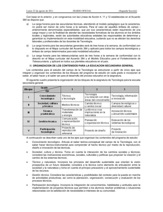 Lunes 22 de agosto de 2011 DIARIO OFICIAL (Segunda Sección)
Con base en lo anterior, y en congruencia con las Líneas de Acción 4, 11 y 12 establecidas en el Acuerdo
384 se dispone que:
a) La carga horaria para las secundarias técnicas, atendiendo al modelo pedagógico que la caracteriza,
no podrá ser menor de ocho horas a la semana. Para el caso de aquellos énfasis de campo -
anteriormente denominadas especialidades- que por sus características estén requiriendo de una
carga mayor y con la finalidad de atender las necesidades formativas de los alumnos en los ámbitos
locales y regionales, serán las autoridades educativas estatales las responsables de determinar y
garantizar su implementación en esta modalidad educativa, cuidando que no se afecten los derechos
laborales y profesionales de los docentes de Tecnología.
b) La carga horaria para las secundarias generales será de tres horas a la semana, de conformidad con
lo dispuesto en el Mapa curricular del Acuerdo 384 y aplicará para todos los campos tecnológicos y
énfasis de campo determinados para esta modalidad educativa.
c) La carga horaria para las telesecundarias será de tres horas a la semana de conformidad con lo
descrito en el Mapa curricular del Acuerdo 384 y al Modelo Educativo para el Fortalecimiento de
Telesecundaria, y aplicará en todos sus planteles educativos en el país.
III. ORGANIZACION DE LOS CONTENIDOS PARA LA EDUCACION SECUNDARIA GENERAL
Los contenidos para el estudio del campo de la Tecnología se estructuran a partir de cinco ejes que
integran y organizan los contenidos de los bloques del programa de estudio en cada grado e incorporan el
saber, el saber hacer y el saber ser para el desarrollo del proceso educativo en la asignatura.
El siguiente cuadro presenta la organización de los bloques de la asignatura de Tecnología para la escuela
secundaria general
A continuación se describen cada uno de los ejes que organizan los contenidos del programa de estudio:
 Conocimiento tecnológico. Articula el saber teórico-conceptual del campo de la Tecnología, con el
saber hacer técnico-instrumental para comprender el hecho técnico por medio de la reproducción,
diseño e innovación de las técnicas.
 Sociedad, cultura y técnica. Toma en cuenta la interacción de los cambios sociales y técnicos;
considera las motivaciones económicas, sociales, culturales y políticas que propician la creación y el
cambio de los sistemas técnicos.
 Técnica y naturaleza. Incorpora los principios del desarrollo sustentable que orientan la visión
prospectiva de un futuro deseable; considera a la técnica como elemento de articulación entre la
sociedad y la naturaleza y toma en cuenta el principio precautorio y el aprovechamiento sustentable
de los recursos.
 Gestión técnica. Considera las características y posibilidades del contexto para la puesta en marcha
de actividades productivas, así como la planeación, organización, consecución y evaluación de los
procesos técnicos.
 Participación tecnológica. Incorpora la integración de conocimientos, habilidades y actitudes para la
implementación de proyectos técnicos que permitan a los alumnos resolver problemas o situaciones
relacionadas con la satisfacción de necesidades e intereses de su comunidad.
 