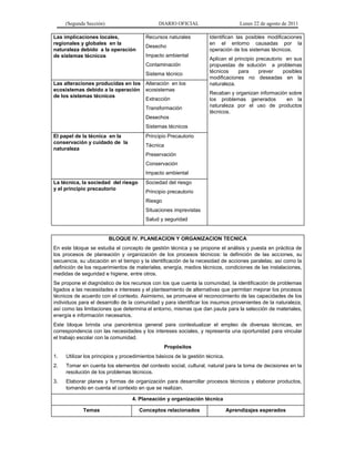 (Segunda Sección) DIARIO OFICIAL Lunes 22 de agosto de 2011
Las implicaciones locales,
regionales y globales en la
naturaleza debido a la operación
de sistemas técnicos
Recursos naturales
Desecho
Impacto ambiental
Contaminación
Sistema técnico
Identifican las posibles modificaciones
en el entorno causadas por la
operación de los sistemas técnicos.
Aplican el principio precautorio en sus
propuestas de solución a problemas
técnicos para prever posibles
modificaciones no deseadas en la
naturaleza.
Recaban y organizan información sobre
los problemas generados en la
naturaleza por el uso de productos
técnicos.
Las alteraciones producidas en los
ecosistemas debido a la operación
de los sistemas técnicos
Alteración en los
ecosistemas
Extracción
Transformación
Desechos
Sistemas técnicos
El papel de la técnica en la
conservación y cuidado de la
naturaleza
Principio Precautorio
Técnica
Preservación
Conservación
Impacto ambiental
La técnica, la sociedad del riesgo
y el principio precautorio
Sociedad del riesgo
Principio precautorio
Riesgo
Situaciones imprevistas
Salud y seguridad
BLOQUE IV. PLANEACION Y ORGANIZACION TECNICA
En este bloque se estudia el concepto de gestión técnica y se propone el análisis y puesta en práctica de
los procesos de planeación y organización de los procesos técnicos: la definición de las acciones, su
secuencia, su ubicación en el tiempo y la identificación de la necesidad de acciones paralelas; así como la
definición de los requerimientos de materiales, energía, medios técnicos, condiciones de las instalaciones,
medidas de seguridad e higiene, entre otros.
Se propone el diagnóstico de los recursos con los que cuenta la comunidad, la identificación de problemas
ligados a las necesidades e intereses y el planteamiento de alternativas que permitan mejorar los procesos
técnicos de acuerdo con el contexto. Asimismo, se promueve el reconocimiento de las capacidades de los
individuos para el desarrollo de la comunidad y para identificar los insumos provenientes de la naturaleza,
así como las limitaciones que determina el entorno, mismas que dan pauta para la selección de materiales,
energía e información necesarios.
Este bloque brinda una panorámica general para contextualizar el empleo de diversas técnicas, en
correspondencia con las necesidades y los intereses sociales, y representa una oportunidad para vincular
el trabajo escolar con la comunidad.
Propósitos
1. Utilizar los principios y procedimientos básicos de la gestión técnica.
2. Tomar en cuenta los elementos del contexto social, cultural, natural para la toma de decisiones en la
resolución de los problemas técnicos.
3. Elaborar planes y formas de organización para desarrollar procesos técnicos y elaborar productos,
tomando en cuenta el contexto en que se realizan.
4. Planeación y organización técnica
Temas Conceptos relacionados Aprendizajes esperados
 