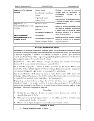 Lunes 22 de agosto de 2011 DIARIO OFICIAL (Segunda Sección)
La gestión en los sistemas
técnicos
Gestión técnica
Diagnóstico de necesidades
sociales
Organización técnica
Calidad de vida
Planifican y organizan las acciones
técnicas según las necesidades y
oportunidades indicadas en el
diagnóstico.
Usan diferentes técnicas de planeación
y organización para la ejecución de los
procesos técnicos.
Aplican las recomendaciones y normas
para el uso de materiales, herramientas
e instalaciones, con el fin de prever
situaciones de riesgo en la operación
de los procesos técnicos.
Planean y organizan acciones, medios
técnicos e insumos para el desarrollo
de procesos técnicos.
La planeación y la
organización de los procesos
técnicos
Planeación técnica
Organización técnica
Ejecución
Control de procesos técnicos
La normatividad y la
seguridad e higiene en los
procesos técnicos
Normatividad
Seguridad y procesos técnicos
Higiene y procesos técnicos
BLOQUE V. PROYECTO DE DISEÑO
En este bloque se incorporan los temas del diseño y la gestión para el desarrollo de proyectos de diseño;
se pretende el reconocimiento de los elementos contextuales de la comunidad, mismos que contribuyen a
la definición del proyecto; se identifican oportunidades para mejorar un proceso o producto técnico
respecto a su funcionalidad, estética y ergonomía y se parte de problemas débilmente estructurados en
donde es posible proponer diversas alternativas de solución.
En éste también se trabaja el tema del diseño con mayor profundidad y como una de las primeras fases
del desarrollo de los proyectos con la idea de conocer sus características.
En el desarrollo del proyecto, se enfatiza el diseño y su relación con los procesos fabriles, cuya
característica fundamental es la organización técnica del trabajo. Estas acciones pueden realizarse de
manera secuencial o paralela según las fases del proceso y los fines que se buscan.
Para el desarrollo de las actividades de este bloque, el análisis de los procesos fabriles puede verse
limitado por la falta de infraestructura en los planteles escolares. No obstante, podrá promoverse el uso de
la modelación, la simulación, la creación de prototipos y las visitas a industrias.
El proyecto y sus diferentes fases constituyen los contenidos del bloque, con la especificidad de la
situación en la cual se intervendrá o cambiará. En su desarrollo, deberán ponerse de manifiesto los
conocimientos técnicos y la resignificación de los conocimientos científicos requeridos, según el campo
tecnológico y el proceso o producto que se elaborará.
Propósitos
1. Identificar las fases del proceso de diseño e incorporar criterios de ergonomía y estética en el
desarrollo del proyecto de diseño.
2. Elaborar y mejorar un producto o proceso cercano a su vida cotidiana, tomando en cuenta los riesgos
e implicaciones en la sociedad y la naturaleza.
3. Modelar y simular el producto o proceso seleccionado para su evaluación y mejora.
5. Proyecto de diseño
5.1 Características del proyecto de diseño
 