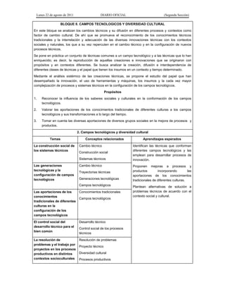 Lunes 22 de agosto de 2011 DIARIO OFICIAL (Segunda Sección)
BLOQUE II. CAMPOS TECNOLOGICOS Y DIVERSIDAD CULTURAL
En este bloque se analizan los cambios técnicos y su difusión en diferentes procesos y contextos como
factor de cambio cultural. De ahí que se promueva el reconocimiento de los conocimientos técnicos
tradicionales y la interrelación y adecuación de las diversas innovaciones técnicas con los contextos
sociales y naturales, los que a su vez repercuten en el cambio técnico y en la configuración de nuevos
procesos técnicos.
Se pone en práctica un conjunto de técnicas comunes a un campo tecnológico y a las técnicas que lo han
enriquecido; es decir, la reproducción de aquellas creaciones e innovaciones que se originaron con
propósitos y en contextos diferentes. Se busca analizar la creación, difusión e interdependencia de
diferentes clases de técnicas y el papel que tienen los insumos en un contexto y tiempo determinado.
Mediante el análisis sistémico de las creaciones técnicas, se propone el estudio del papel que han
desempañado la innovación, el uso de herramientas y máquinas, los insumos y la cada vez mayor
complejización de procesos y sistemas técnicos en la configuración de los campos tecnológicos.
Propósitos
1. Reconocer la influencia de los saberes sociales y culturales en la conformación de los campos
tecnológicos.
2. Valorar las aportaciones de los conocimientos tradicionales de diferentes culturas a los campos
tecnológicos y sus transformaciones a lo largo del tiempo.
3. Tomar en cuenta las diversas aportaciones de diversos grupos sociales en la mejora de procesos y
productos.
2. Campos tecnológicos y diversidad cultural
Temas Conceptos relacionados Aprendizajes esperados
La construcción social de
los sistemas técnicos
Cambio técnico
Construcción social
Sistemas técnicos
Identifican las técnicas que conforman
diferentes campos tecnológicos y las
emplean para desarrollar procesos de
innovación.
Proponen mejoras a procesos y
productos incorporando las
aportaciones de los conocimientos
tradicionales de diferentes culturas.
Plantean alternativas de solución a
problemas técnicos de acuerdo con el
contexto social y cultural.
Las generaciones
tecnológicas y la
configuración de campos
tecnológicos
Cambio técnico
Trayectorias técnicas
Generaciones tecnológicas
Campos tecnológicos
Las aportaciones de los
conocimientos
tradicionales de diferentes
culturas en la
configuración de los
campos tecnológicos
Conocimientos tradicionales
Campos tecnológicos
El control social del
desarrollo técnico para el
bien común
Desarrollo técnico
Control social de los procesos
técnicos
La resolución de
problemas y el trabajo por
proyectos en los procesos
productivos en distintos
contextos socioculturales
Resolución de problemas
Proyecto técnico
Diversidad cultural
Procesos productivos
 
