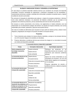 (Segunda Sección) DIARIO OFICIAL Lunes 22 de agosto de 2011
BLOQUE III. INNOVACION TECNICA Y DESARROLLO SUSTENTABLE
En este bloque se pretende desarrollar sistemas técnicos que consideren los principios del desarrollo
sustentable; incorporen actividades de organización y planeación compatibles con las necesidades y
características económicas, sociales y culturales de la comunidad; consideren la equidad social, y mejoren
la calidad de vida de la comunidad.
Se promueve la búsqueda de alternativas para adecuar y mejorar los procesos productivos o técnicos,
como ciclos sistémicos orientados a la prevención del deterioro ambiental, que se concretan en la
ampliación de la eficiencia productiva y de las características del ciclo de vida de los productos.
Se incorpora un primer acercamiento a las normas y los reglamentos en materia ambiental, como las
relacionadas con el ordenamiento ecológico del territorio, los estudios de impacto ambiental y las normas
ambientales para el diseño, planeación y ejecución del proyecto técnico.
Se incide en el análisis de alternativas para recuperar la mayor parte de materias primas y obtener menor
disipación y degradación de energía en el proceso de diseño e innovación técnica.
Propósitos
1. Tomar decisiones para emplear de manera eficiente materiales y energía en los procesos técnicos,
con el fin de prever riesgos en la sociedad y la naturaleza.
2. Proponer alternativas a problemas técnicos para aminorar los riesgos en su comunidad de acuerdo
con criterios del desarrollo sustentable.
3. Innovación técnica y desarrollo sustentable
Temas Conceptos relacionados Aprendizajes esperados
Visión prospectiva de la
tecnología: escenarios
deseables
Impacto ambiental
Sistema técnico
Costo ambiental
Distinguen las tendencias en los
desarrollos técnicos de innovación y las
reproducen para solucionar problemas
técnicos.
Aplican las normas ambientales en sus
propuestas de innovación, con el fin de
evitar efectos negativos en la sociedad y
en la naturaleza.
Proponen alternativas de solución a
problemas técnicos y elaboran proyectos
de innovación.
La innovación técnica en los
procesos productivos
Sistema técnico
Innovación técnica
Ciclos de la innovación técnica
Procesos productivos
Procesos técnicos
La innovación técnica para
el desarrollo sustentable
Innovación
Ciclos de la innovación técnica
Desarrollo sustentable
Equidad
Calidad de vida
Normas ambientales
La innovación técnica en la
resolución de problemas y el
trabajo por proyectos en los
procesos productivos para
el desarrollo sustentable
Resolución de problemas
Proyecto técnico
Desarrollo sustentable
Procesos productivos
 