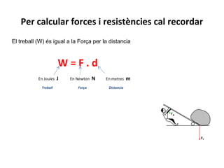 Per calcular forces i resistències cal recordar
El treball (W) és igual a la Força per la distancia



                       W=F.d
           En Joules   J   En Newton   N   En metres    m
            Treball           Força         Distancia
 