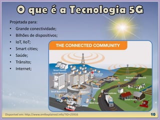 Projetada para:
• Grande conectividade;
• Bilhões de dispositivos;
• IoT, IIoT;
• Smart cities;
• Saúde;
• Trânsito;
• Internet;
Disponível em: http://www.emfexplained.info/?ID=25916
 