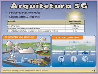 • Servidores locais e centrais;
• Células: Macros / Pequenas.
Disponível em: http://www.emfexplained.info/?ID=25916
Technology Response time
(milliseconds)
4G - LTE systems 20-30 ms
5G – EMBB - enhanced mobile broadband 4-5 ms
5G - URLLC (Ultra Reliable Low Latency Communications) systems 1 ms
 