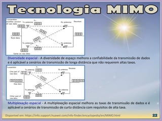 Diversidade espacial - A diversidade de espaço melhora a confiabilidade da transmissão de dados
e é aplicável a cenários de transmissão de longa distância que não requerem altas taxas.
Disponível em: https://info.support.huawei.com/info-finder/encyclopedia/en/MIMO.html
Multiplexação espacial - A multiplexação espacial melhora as taxas de transmissão de dados e é
aplicável a cenários de transmissão de curta distância com requisitos de alta taxa.
 