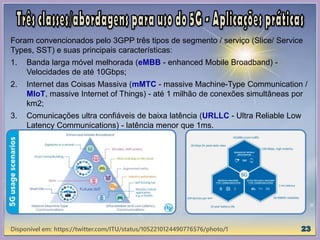 Foram convencionados pelo 3GPP três tipos de segmento / serviço (Slice/ Service
Types, SST) e suas principais características:
1. Banda larga móvel melhorada (eMBB - enhanced Mobile Broadband) -
Velocidades de até 10Gbps;
2. Internet das Coisas Massiva (mMTC - massive Machine-Type Communication /
MIoT, massive Internet of Things) - até 1 milhão de conexões simultâneas por
km2;
3. Comunicações ultra confiáveis de baixa latência (URLLC - Ultra Reliable Low
Latency Communications) - latência menor que 1ms.
Disponível em: https://twitter.com/ITU/status/1052210124490776576/photo/1
 
