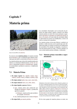 Capítulo 7
Materia prima
Lana en una fábrica de alfombras.
Se conocen como materias primas a la materia extraída
de la naturaleza y que se transforma para elaborar mate-
riales que más tarde se convertirán en bienes de consumo.
Las materias primas que ya han sido manufacturadas pero
todavía no constituyen deﬁnitivamente un bien de con-
sumo se denominan productos semielaborados, produc-
tos semiacabados o productos en proceso, o simplemente
materiales.
7.1 Materia Prima
• De origen vegetal: lino, algodón, madera, ﬁque,
celulosa, cereales, frutas y verduras, semillas y trigo
• De origen animal: pieles, lana, cuero, seda, leche,
• De origen mineral: hierro, oro, cobre, silicio,
• De origen líquido o gaseoso (ﬂuidos):
• agua, materia prima para producción por
ejemplo de hidrógeno, oxígeno, y producción
agrícola en general;
• hidrógeno, materia prima para producir,
por ejemplo, fertilizantes
• aire, materia prima,de esta se extrae nitrógeno
• De origen fósil: gas natural, petróleo.
Las actividades relacionadas con la extracción de pro-
ductos de origen animal, vegetal y mineral se les llama
materias primas en crudo. En el sector primario se agru-
pan la agricultura, la ganadería, la explotación forestal, la
pesca y la minería, así como todas las actividades dónde
se aprovechan los recursos sin modiﬁcarlos, es decir, tal
como se extraen de la naturaleza.
Las materias primas sirven para fabricar o producir un
producto, siendo necesario, por lo general que sean reﬁ-
nadas para poder ser usadas en el proceso de elaboración
de un producto. Por ejemplo, la magnetita, o la pirita se-
rían una materia prima en crudo, y el hierro reﬁnado y el
acero serían materias primas reﬁnadas, o elaboradas.
7.1.1 Materias primas renovables o super-
abundantes
0 10 20 30 40 50 60 70 80 90
10
-6
10
-3
10
0
10
3
10
6
10
9
Abundance,atomsofelementper10
6
atomsofSi
Atomic number, Z
H
Li
Be
B
N
C
O
F
Major industrial metals in red
Precious metals in purple
Rare earth elements in blue
Na
Si
Mg
P
S
Cl
Al
K
Ca
Sc
Ti
VCr
Mn
Fe
Rock-forming elements
Rarest "metals"
Co Ni
Cu Zn
Ga
Ge
As
Se
Br
Rb
Sr
Y
Zr
Nb
Mo
Te
Pd
Ag
Sb
Cd
I
In
Sn
Rh
Ru
Ba
Cs
La
Nd
Ce
Pr
Re
Tm
Ho
Yb
Lu
Ir
Os
HfEr
Gd
Eu
Pt
Au
TaDy
Tb
Sm
Hg
W Tl
Pb
Bi
Th
U
Abundancia (fracción de átomos) de los elementos químicos en
la corteza continental superior de la Tierra en función del núme-
ro atómico. Los elementos más raros en la corteza (mostrados en
color amarillo) no son los más pesados, sino los elementos side-
róﬁlos (aﬁnes al hierro) según la clasiﬁcación de elementos de
Goldschmidt. Estos han disminuido al reubicarse en las profun-
didades en el núcleo de la Tierra. La abundancia de materiales
de meteoroides es más elevada en términos relativos. En forma
adicional, el teluro y el selenio han sido consumidos en la corteza
a causa de la formación de hídridos volátiles.
De los cinco grupos de materias primas en crudo, tres
22
 
