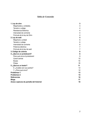 Tabla de Contenido
1. Ley de ohm 3
Magnitudes y unidades. 3
Tensión o voltaje 4
Resistencia Eléctrica 4
Intensidad de corriente 4
Fórmula de la ley de Ohm 4
2. Ley de watt 5
Magnitud y unidad 6
Tensión o voltaje 6
Intensidad de corriente 6
Potencia eléctrica 7
Fórmula de la ley de watt 7
3. Código de colores 8
4. ¿Qué es un protoboard? 8
Para qué sirve el protoboard 9
Canal central 10
Buses 10
Pistas 11
5. ¿Qué es un tester? 11
6. ¿Cuáles son sus partes? 12
7. ¿Para qué sirve? 12
Problemas 1: 13
Problemas 2: 14
Referencias 16
Blogs 17
Anexo capturas de pantalla del historial 18
2
 