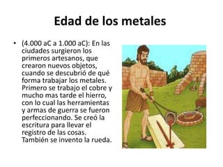 Edad de los metales
• (4.000 aC a 1.000 aC): En las
ciudades surgieron los
primeros artesanos, que
crearon nuevos objetos,
cuando se descubrió de qué
forma trabajar los metales.
Primero se trabajo el cobre y
mucho mas tarde el hierro,
con lo cual las herramientas
y armas de guerra se fueron
perfeccionando. Se creó la
escritura para llevar el
registro de las cosas.
También se invento la rueda.
 
