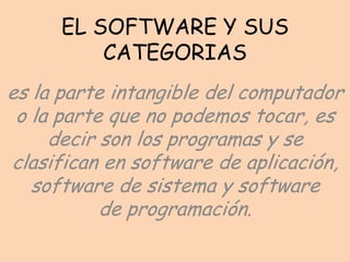 EL SOFTWARE Y SUS
         CATEGORIAS
es la parte intangible del computador
 o la parte que no podemos tocar, es
     decir son los programas y se
clasifican en software de aplicación,
   software de sistema y software
           de programación.
 