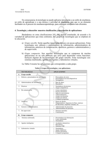 En consecuencia, la tecnología no puede aplicarse únicamente a un estilo de enseñanza,
un estilo de aprendizaje o a una técnica y actividad de enseñanza, sino que es un elemento
facilitador en el proceso de enseñanza/aprendizaje, para conseguir resultados más eficientes.
4. Tecnología y educación: muestra clasificación y descripción de aplicaciones
Basándonos en estas clasificaciones [43, 54], hemos constituido, de acuerdo a la
variedad de aplicaciones que éstas contienen, dos grupos de tecnologías que se emplean en
la educación.
a) Grupo sencillo. Serán aquellas tecnologías básicas con pocas aplicaciones. Estas
tecnologías son: editores y presentadores de información, administradores de
información, prácticos de comunicación, analíticos, gestores o administradores y
de supervisión.
b) Grupo compuesto. Son aquellas tecnologías que se componen de muchas
aplicaciones en un solo software que sirve para desarrollar varias funciones.
Incluyen algunas de las tecnologías del grupo sencillo. Estas tecnologías son:
sistemas multimedia, agentes inteligentes y laboratorios virtuales.
La Tabla 4 resume las aplicaciones que corresponden a cada grupo.
Tabla 4. Grupos de tecnologías y sus aplicaciones
TECNOLOGIAS APLICACIONES
A. Grupo sencillo
1. Editores y presentadores de información • Procesadores de texto
• Presentadores de texto/diapositivas
• Navegadores
2. Administradores de información • Base de datos
• Buscadores
3. Prácticos • Simuladores de procesos
• Juegos competitivos
4. De comunicación • Correo electrónico
• Pizarra electrónica
• Salas de conversación
• Videoconferencia
• Grupos de discusión
• Grupos de noticias
• Compartir programas
5. Analíticos • Hojas de cálculo
• Diagramadores: diagramas de flujo, matrices
de decisiones, esquemas causales, etc.
6. Gestores o administradores • Administrador de proyectos
• Administradores de procesos
7. De supervisión • Sistemas tutoriales
• Cuestionarios
B. Grupo compuesto
1. Sistemas multimedia • Presentadores de información
• Casos multimedia
• Simuladores
2. Agentes inteligentes • Ayudantes interactivos
• Buscadores
• Sistemas CBR
3. Laboratorios virtuales • Simuladores
• Juegos didácticos
• Pizarra electrónica
• Compartir programas
IESE
Universidad de Navarra
0197850011
 