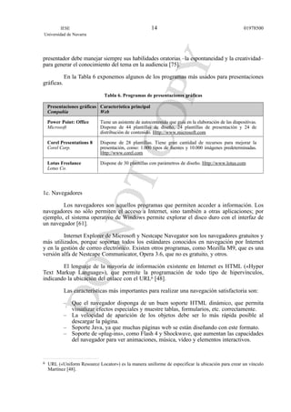 presentador debe manejar siempre sus habilidades oratorias –la espontaneidad y la creatividad–
para generar el conocimiento del tema en la audiencia [75].
En la Tabla 6 exponemos algunos de los programas más usados para presentaciones
gráficas.
Tabla 6. Programas de presentaciones gráficas
Presentaciones gráficas Característica principal
Compañía Web
Power Point: Office Tiene un asistente de autocontenido que guía en la elaboración de las diapositivas.
Microsoft Dispone de 44 plantillas de diseño, 24 plantillas de presentación y 24 de
distribución de contenido. Http://www.microsoft.com
Corel Presentations 8 Dispone de 28 plantillas. Tiene gran cantidad de recursos para mejorar la
Corel Corp. presentación, como: 1.000 tipos de fuentes y 10.000 imágenes predeterminadas.
Http://www.corel.com
Lotus Freelance Dispone de 30 plantillas con parámetros de diseño. Http://www.lotus.com
Lotus Co.
1c. Navegadores
Los navegadores son aquellos programas que permiten acceder a información. Los
navegadores no sólo permiten el acceso a Internet, sino también a otras aplicaciones; por
ejemplo, el sistema operativo de Windows permite explorar el disco duro con el interfaz de
un navegador [61].
Internet Explorer de Microsoft y Nestcape Navegator son los navegadores gratuitos y
más utilizados, porque soportan todos los estándares conocidos en navegación por Internet
y en la gestión de correo electrónico. Existen otros programas, como Mozilla M9, que es una
versión alfa de Nestcape Communicator, Opera 3.6, que no es gratuito, y otros.
El lenguaje de la mayoría de información existente en Internet es HTML («Hyper
Text Markup Language»), que permite la programación de todo tipo de hipervínculos,
indicando la ubicación del enlace con el URL6 [48].
Las características más importantes para realizar una navegación satisfactoria son:
– Que el navegador disponga de un buen soporte HTML dinámico, que permita
visualizar efectos especiales y muestre tablas, formularios, etc. correctamente.
– La velocidad de aparición de los objetos debe ser lo más rápida posible al
descargar la página.
– Soporte Java, ya que muchas páginas web se están diseñando con este formato.
– Soporte de «plug-ins», como Flash 4 y Shockwave, que aumentan las capacidades
del navegador para ver animaciones, música, vídeo y elementos interactivos.
IESE
Universidad de Navarra
0197850014
6 URL («Uniform Resource Locator») es la manera uniforme de especificar la ubicación para crear un vínculo
Martínez [48].
 