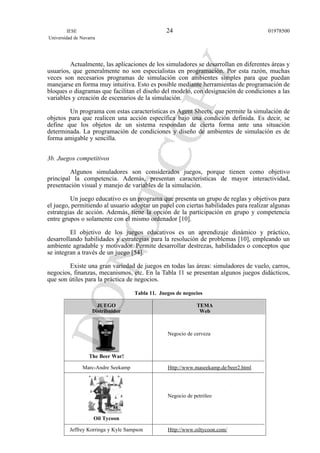 Actualmente, las aplicaciones de los simuladores se desarrollan en diferentes áreas y
usuarios, que generalmente no son especialistas en programación. Por esta razón, muchas
veces son necesarios programas de simulación con ambientes simples para que puedan
manejarse en forma muy intuitiva. Esto es posible mediante herramientas de programación de
bloques o diagramas que facilitan el diseño del modelo, con designación de condiciones a las
variables y creación de escenarios de la simulación.
Un programa con estas características es Agent Sheets, que permite la simulación de
objetos para que realicen una acción específica bajo una condición definida. Es decir, se
define que los objetos de un sistema respondan de cierta forma ante una situación
determinada. La programación de condiciones y diseño de ambientes de simulación es de
forma amigable y sencilla.
3b. Juegos competitivos
Algunos simuladores son considerados juegos, porque tienen como objetivo
principal la competencia. Además, presentan características de mayor interactividad,
presentación visual y manejo de variables de la simulación.
Un juego educativo es un programa que presenta un grupo de reglas y objetivos para
el juego, permitiendo al usuario adoptar un papel con ciertas habilidades para realizar algunas
estrategias de acción. Además, tiene la opción de la participación en grupo y competencia
entre grupos o solamente con el mismo ordenador [10].
El objetivo de los juegos educativos es un aprendizaje dinámico y práctico,
desarrollando habilidades y estrategias para la resolución de problemas [10], empleando un
ambiente agradable y motivador. Permite desarrollar destrezas, habilidades o conceptos que
se integran a través de un juego [54].
Existe una gran variedad de juegos en todas las áreas: simuladores de vuelo, carros,
negocios, finanzas, mecanismos, etc. En la Tabla 11 se presentan algunos juegos didácticos,
que son útiles para la práctica de negocios.
Tabla 11. Juegos de negocios
JUEGO TEMA
Distribuidor Web
Negocio de cerveza
The Beer War!
Marc-Andre Seekamp Http://www.maseekamp.de/beer2.html
Negocio de petróleo
Oil Tycoon
Jeffrey Korringa y Kyle Sampson Http://www.oiltycoon.com/
IESE
Universidad de Navarra
0197850024
 
