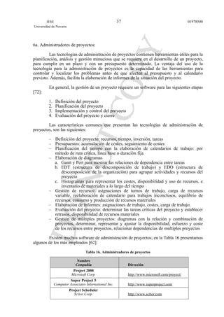 6a. Administradores de proyectos:
Las tecnologías de administración de proyectos contienen herramientas útiles para la
planificación, análisis y gestión minuciosa que se requiere en el desarrollo de un proyecto,
para cumplir en un plazo y con un presupuesto determinado. La ventaja del uso de la
tecnología para la administración de proyectos es la capacidad de las herramientas para
controlar y localizar los problemas antes de que afecten al presupuesto y al calendario
previsto. Además, facilita la elaboración de informes de la situación del proyecto.
En general, la gestión de un proyecto requiere un software para las siguientes etapas
[72]:
1. Definición del proyecto
2. Planificación del proyecto
3. Implementación y control del proyecto
4. Evaluación del proyecto y cierre
Las características comunes que presentan las tecnologías de administración de
proyectos, son las siguientes:
– Definición del proyecto: recursos, tiempo, inversión, tareas
– Presupuestos: acumulación de costes, seguimiento de costes
– Planificación del tiempo con la elaboración de calendarios de trabajo: por
método de ruta crítica, línea base o duración fija
– Elaboración de diagramas
a. Gantt y Pert para mostrar las relaciones de dependencia entre tareas
b. EDT (estructura de descomposición de trabajo) y EDO (estructura de
descomposición de la organización) para agrupar actividades y recursos del
proyecto
c. Histogramas para representar los costes, disponibilidad y uso de recursos, e
inventario de materiales a lo largo del tiempo
– Gestión de recursos: asignaciones de turnos de trabajo, carga de recursos
variable, reelaboración de calendario para trabajos inconclusos, equilibrio de
recursos, consumo y producción de recursos materiales
– Elaboración de informes: asignaciones de trabajo, costes, carga de trabajo.
– Evaluación del proyecto: determinar las tareas críticas del proyecto y establecer
retrasos, disponibilidad de recursos materiales
– Gestión de múltiples proyectos: diagramas con la relación y combinación de
proyectos, determinar, representar y ajustar la disponibilidad, esfuerzo y coste
de los recursos entre proyectos, relacionar dependencias de múltiples proyectos
Existen muchos software de administración de proyectos; en la Tabla 16 presentamos
algunos de los más empleados [62]:
Tabla 16. Administradores de proyectos
Nombre
Compañía Dirección
Project 2000
Microsoft Corp. http://www.microsoft.com/proyect/
Super Project 5
Computer Associates International Inc. http://www.superproject.com
Project Scheduler
Scitor Corp. http://www.scitor.com
IESE
Universidad de Navarra
0197850037
 