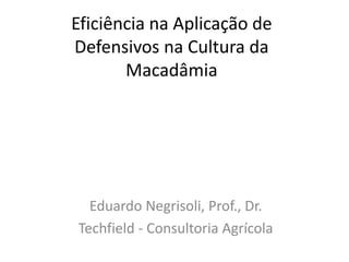 Eficiência na Aplicação de
Defensivos na Cultura da
Macadâmia

Eduardo Negrisoli, Prof., Dr.
Techfield - Consultoria Agrícola

 