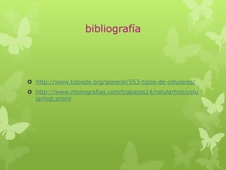 bibliografía
 http://www.tiposde.org/general/553-tipos-de-celulares/
 http://www.monografias.com/trabajos14/celularhist/celu
larhist.shtml
 