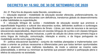 Art. 2º Para fins do disposto neste Decreto, considera-se:
I - educação especial - modalidade de educação escolar oferecida, preferencialmente, na
rede regular de ensino aos educandos com deficiência, transtornos globais do desenvolvimento
e altas habilidades ou superdotação;
II - educação bilíngue de surdos - modalidade de educação escolar que promove a
especificidade linguística e cultural dos educandos surdos, deficientes auditivos e surdocegos
que optam pelo uso da Língua Brasileira de Sinais - Libras, por meio de recursos e de serviços
educacionais especializados, disponíveis em escolas bilíngues de surdos e em classes bilíngues
de surdos nas escolas regulares inclusivas, a partir da adoção da Libras como primeira língua e
como língua de instrução, comunicação, interação e ensino, e da língua portuguesa na
modalidade escrita como segunda língua;
III - política educacional equitativa - conjunto de medidas planejadas e implementadas com
vistas a orientar as práticas necessárias e diferenciadas para que todos tenham oportunidades
iguais e alcancem os seus melhores resultados, de modo a valorizar ao máximo cada
potencialidade, e eliminar ou minimizar as barreiras que possam obstruir a participação plena e
efetiva do educando na sociedade;
DECRETO Nº 10.502, DE 30 DE SETEMBRO DE 2020
 