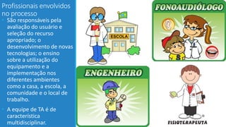 Profissionais envolvidos
no processo
• São responsáveis pela
avaliação do usuário e
seleção do recurso
apropriado; o
desenvolvimento de novas
tecnologias; o ensino
sobre a utilização do
equipamento e a
implementação nos
diferentes ambientes
como a casa, a escola, a
comunidade e o local de
trabalho.
• A equipe de TA é de
característica
multidisciplinar.
 