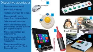 Dispositivo apontador:
1. Mouse convencional;
2. Mouse alternativo;
3. Teclas numéricas do teclado;
4. Mouse criado sobre
superfícies programáveis;
5. Tela sensível ao toque;
6. Mouse controlado pelo
movimento labial e ativado
por soprou sucção;
7. Mouse controlado por
acionadores;
8. Mouse controlado pelo
movimento da cabeça:
TrackerPro;
9. Mouse controlado por
movimento ocular: Tobii,
Mouse Ocular.
1
2
6
7
2
9
8
 