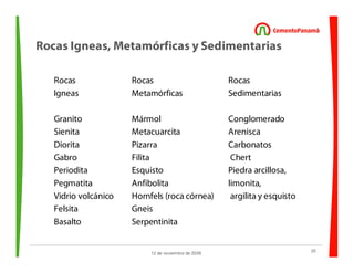 25
12 de noviembre de 2009
Rocas Igneas, Metamórficas y Sedimentarias
Rocas Rocas Rocas
Igneas Metamórficas Sedimentarias
Granito Mármol Conglomerado
Sienita Metacuarcita Arenisca
Diorita Pizarra Carbonatos
Gabro Filita Chert
Periodita Esquisto Piedra arcillosa,
Pegmatita Anfibolita limonita,
Vidrio volcánico Hornfels (roca córnea) argilita y esquisto
Felsita Gneis
Basalto Serpentinita
 