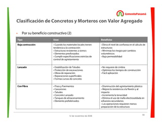 54
12 de noviembre de 2009
• Por su beneficio constructivo (2)
Tipo Usos Beneficios
Baja contracción • Cuando los materiales locales tienen
tendencia a la contracción
• Estructuras resistentes a sismos
• Elementos presforzados
• Cumplir especificaciones estrictas de
control de agrietamiento
• Eleva el nivel de confianza en el cálculo de
estructuras
• Minimiza los riesgos por cambios
volumétricos
• Baja permeabilidad
Lanzado • Estabilización de Taludes
• Protección de excavaciones
• Obras de reparación
• Reparaciones superficiales
• Formas curvas de concreto
• No requiere de cimbra
• Optimiza los tiempos de construcción
• Fácil aplicación
Con Fibra • Pisos y Pavimentos
• Cascarones
• Taludes
• Concreto Lanzado
• Tanques de almacenamiento
• Elemento prefabricados
• Disminución del agrietamiento plástico
• Mejora la resistencia a la flexión y al
impacto
• Incrementa la tenacidad
• Elimina el uso de malla electrosoldada en
esfuerzos secundarios
• Las operaciones requieren menos
preparación de la estructura
Clasificación de Concretos y Morteros con Valor Agregado
 
