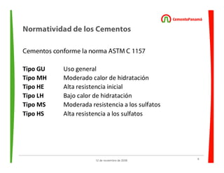 9
12 de noviembre de 2009
Normatividad de los Cementos
Cementos conforme la norma ASTM C 1157
Tipo GU Uso general
Tipo MH Moderado calor de hidratación
Tipo HE Alta resistencia inicial
Tipo LH Bajo calor de hidratación
Tipo MS Moderada resistencia a los sulfatos
Tipo HS Alta resistencia a los sulfatos
 