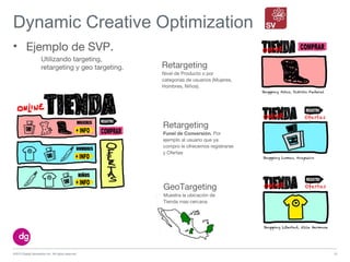 Dynamic Creative Optimization
©2013 Digital Generation Inc. All rights reserved 10
• Ejemplo de SVP.
Utilizando targeting,
retargeting y geo targeting. Retargeting
Nivel de Producto o por
categorías de usuarios (Mujeres,
Hombres, Niños).
Retargeting
Funel de Conversión. Por
ejemplo al usuario que ya
compro le ofrecemos registrarse
y Ofertas
GeoTargeting
Muestra la ubicación de
Tienda mas cercana
 