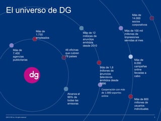 El universo de DG
©2013 DG Inc. All rights reserved 3
Más de
1.750
empleados
Más de
7.400
agencias
publicitarias
46 oficinas
que cubren
78 países
Alcanza el
99% de
todas las
emisoras
Más de 12
millones de
anuncios
emitidos
desde 2010
Más de 1,6
millones de
anuncios
televisivos
emitidos desde
1996
Cooperación con más
de 1.000 soportes
online
Más de 100 mil
millones de
impresiones
servidas al mes
Más de 800
millones de
usuarios
individuales
Más de
8.000
campañas
online
llevadas a
cabo
Más de
14.000
socios
corporativos
 