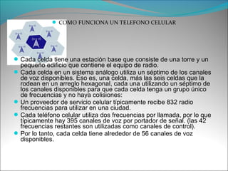  COMO FUNCIONA UN TELEFONO CELULAR
Cada celda tiene una estación base que consiste de una torre y un
pequeño edificio que contiene el equipo de radio.
Cada celda en un sistema análogo utiliza un séptimo de los canales
de voz disponibles. Eso es, una celda, más las seis celdas que la
rodean en un arreglo hexagonal, cada una utilizando un séptimo de
los canales disponibles para que cada celda tenga un grupo único
de frecuencias y no haya colisiones:
Un proveedor de servicio celular típicamente recibe 832 radio
frecuencias para utilizar en una ciudad.
Cada teléfono celular utiliza dos frecuencias por llamada, por lo que
típicamente hay 395 canales de voz por portador de señal. (las 42
frecuencias restantes son utilizadas como canales de control).
Por lo tanto, cada celda tiene alrededor de 56 canales de voz
disponibles.
 