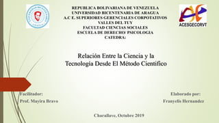 Facilitador: Elaborado por:
Prof. Mayira Bravo Franyelis Hernandez
Charallave, Octubre 2019
REPUBLICA BOLIVARIANA DE VENEZUELA
UNIVERSIDAD BICENTENARIA DE ARAGUA
A.C E. SUPERIORES GERENCIALES CORPOTATIVOS
VALLES DEL TUY
FACULTAD CIENCIAS SOCIALES
ESCUELA DE DERECHO/ PSICOLOGIA
CATEDRA:
Relación Entre la Ciencia y la
Tecnología Desde El Método Cientifico
 