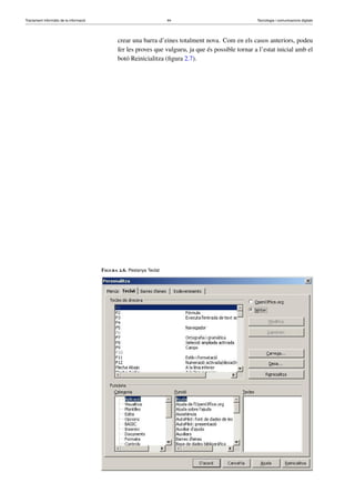 Tractament informàtic de la informació 44 Tecnologia i comunicacions digitals 
crear una barra d’eines totalment nova. Com en els casos anteriors, podeu 
fer les proves que vulgueu, ja que és possible tornar a l’estat inicial amb el 
botó Reinicialitza (figura 2.7). 
Figura 2.6. Pestanya Teclat 
 