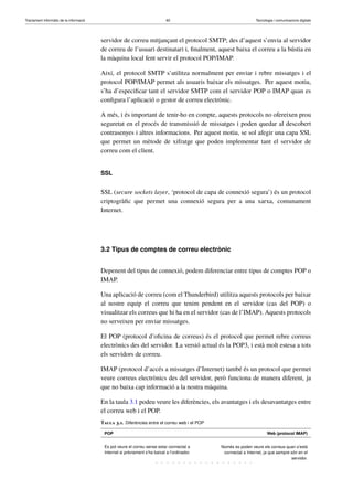 Tractament informàtic de la informació 60 Tecnologia i comunicacions digitals 
servidor de correu mitjançant el protocol SMTP; des d’aquest s’envia al servidor 
de correu de l’usuari destinatari i, finalment, aquest baixa el correu a la bústia en 
la màquina local fent servir el protocol POP/IMAP. 
Així, el protocol SMTP s’utilitza normalment per enviar i rebre missatges i el 
protocol POP/IMAP permet als usuaris baixar els missatges. Per aquest motiu, 
s’ha d’especificar tant el servidor SMTP com el servidor POP o IMAP quan es 
configura l’aplicació o gestor de correu electrònic. 
A més, i és important de tenir-ho en compte, aquests protocols no ofereixen prou 
seguretat en el procés de transmissió de missatges i poden quedar al descobert 
contrasenyes i altres informacions. Per aquest motiu, se sol afegir una capa SSL 
que permet un mètode de xifratge que poden implementar tant el servidor de 
correu com el client. 
SSL 
SSL (secure sockets layer, ‘protocol de capa de connexió segura’) és un protocol 
criptogràfic que permet una connexió segura per a una xarxa, comunament 
Internet. 
3.2 Tipus de comptes de correu electrònic 
Depenent del tipus de connexió, podem diferenciar entre tipus de comptes POP o 
IMAP. 
Una aplicació de correu (com el Thunderbird) utilitza aquests protocols per baixar 
al nostre equip el correu que tenim pendent en el servidor (cas del POP) o 
visualitzar els correus que hi ha en el servidor (cas de l’IMAP). Aquests protocols 
no serveixen per enviar missatges. 
El POP (protocol d’oficina de correus) és el protocol que permet rebre correus 
electrònics des del servidor. La versió actual és la POP3, i està molt estesa a tots 
els servidors de correu. 
IMAP (protocol d’accés a missatges d’Internet) també és un protocol que permet 
veure correus electrònics des del servidor, però funciona de manera diferent, ja 
que no baixa cap informació a la nostra màquina. 
En la taula 3.1 podeu veure les diferències, els avantatges i els desavantatges entre 
el correu web i el POP. 
Taula 3.1. Diferències entre el correu web i el POP 
POP Web (protocol IMAP) 
Es pot veure el correu sense estar connectat a 
Internet si prèviament s’ha baixat a l’ordinador. 
Només es poden veure els correus quan s’està 
connectat a Internet, ja que sempre són en el 
servidor. 
 