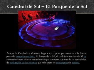 Catedral de Sal – El Parque de la Sal
Aunque la Catedral en sí misma llega a ser el principal atractivo, ella forma
parte del complejo temático El Parque de la Sal, el cual tiene un área de 32 ha
y constituye una reserva natural única que contrasta con una de las actividades
de explotación de los recursos que más altera los ecosistemas: la minería.
 