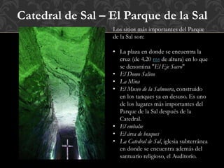 Catedral de Sal – El Parque de la Sal
Los sitios más importantes del Parque
de la Sal son:
• La plaza en donde se encuentra la
cruz (de 4.20 ms de altura) en lo que
se denomina "El Eje Sacro"
• El Domo Salino
• La Mina
• El Museo de la Salmuera, construido
en los tanques ya en desuso. Es uno
de los lugares más importantes del
Parque de la Sal después de la
Catedral.
• El embalse
• El área de bosques
• La Catedral de Sal, iglesia subterránea
en donde se encuentra además del
santuario religioso, el Auditorio.
 
