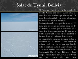 Salar de Uyuni, Bolivia
El Salar de Uyuni es el más grande del
mundo. Cuenta con unos 12.000 kms2 de
superficie, un máximo aproximado de 120
kms. de profundidad y se ubica al suroeste
de Bolivia a 3700 mts. de altura.
Está conformado por aproximadamente 11
capas con espesores que varían entre los 2 y
10 metros, la costra que se encuentra en la
superficie tiene un espesor de 10 metros, se
estima que la cantidad de sal que existe en el
Salar es de 64 mil millones de toneladas.
Su extensión ligeramente convexa, refleja la
redondez de la Tierra. Esa extensión
infinita es el resto de un mar que llenaba
todo el altiplano hasta el Lago Titicaca y en
el curso de muchos millones de años, el mar
desapareció. Hoy el Lago Titicaca, el Lago
Poopó, y los Salares de Coipasa y de Uyuni
son los restos de ese mar.
 