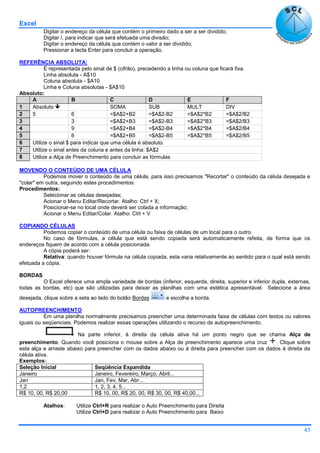 Excel
45
Digitar o endereço da célula que contém o primeiro dado a ser a ser dividido;
Digitar /, para indicar que será efetuada uma divisão;
Digitar o endereço da célula que contém o valor a ser dividido;
Pressionar a tecla Enter para concluir a operação.
REFERÊNCIA ABSOLUTA:
É representada pelo sinal de $ (cifrão), precedendo a linha ou coluna que ficará fixa.
Linha absoluta - A$10
Coluna absoluta - $A10
Linha e Coluna absolutas - $A$10
Absoluto:
A B C D E F
1 Absoluto  SOMA SUB MULT DIV
2 5 6 =$A$2+B2 =$A$2-B2 =$A$2*B2 =$A$2/B2
3 3 =$A$2+B3 =$A$2-B3 =$A$2*B3 =$A$2/B3
4 9 =$A$2+B4 =$A$2-B4 =$A$2*B4 =$A$2/B4
5 6 =$A$2+B5 =$A$2-B5 =$A$2*B5 =$A$2/B5
6 Utilize o sinal $ para indicar que uma célula é absoluto.
7 Utilize o sinal antes da coluna e antes da linha: $A$2
8 Utilize a Alça de Preenchimento para concluir as fórmulas
MOVENDO O CONTEÚDO DE UMA CÉLULA
Podemos mover o conteúdo de uma célula, para isso precisamos "Recortar" o conteúdo da célula desejada e
"colar" em outra, seguindo estes procedimentos:
Procedimentos:
Selecionar as células desejadas;
Acionar o Menu Editar/Recortar. Atalho: Ctrl + X;
Posicionar-se no local onde deverá ser colada a informação;
Acionar o Menu Editar/Colar. Atalho: Ctrl + V
COPIANDO CÉLULAS
Podemos copiar o conteúdo de uma célula ou faixa de células de um local para o outro.
No caso de fórmulas, a célula que está sendo copiada será automaticamente refeita, de forma que os
endereços fiquem de acordo com a célula posicionada.
A cópia poderá ser:
Relativa: quando houver fórmula na célula copiada, esta varia relativamente ao sentido para o qual está sendo
efetuada a cópia.
BORDAS
O Excel oferece uma ampla variedade de bordas (inferior, esquerda, direita, superior e inferior dupla, externas,
todas as bordas, etc) que são utilizadas para deixar as planilhas com uma estética apresentável. Selecione a área
desejada, clique sobre a seta ao lado do botão Bordas e escolha a borda.
AUTOPREENCHIMENTO
Em uma planilha normalmente precisamos preencher uma determinada faixa de células com textos ou valores
iguais ou seqüenciais. Podemos realizar essas operações utilizando o recurso de autopreenchimento.
Na parte inferior, à direita da célula ativa há um ponto negro que se chama Alça de
preenchimento. Quando você posiciona o mouse sobre a Alça de preenchimento aparece uma cruz . Clique sobre
esta alça e arraste abaixo para preencher com os dados abaixo ou à direita para preencher com os dados à direita da
célula ativa.
Exemplos:
Seleção Inicial Seqüência Expandida
Janeiro Janeiro, Fevereiro, Março, Abril...
Jan Jan, Fev, Mar, Abr...
1,2 1, 2, 3, 4, 5...
R$ 10, 00, R$ 20,00 R$ 10, 00, R$ 20, 00, R$ 30, 00, R$ 40,00...
Atalhos: Utilize Ctrl+R para realizar o Auto Preenchimento para Direita
Utilize Ctrl+D para realizar o Auto Preenchimento para Baixo
 