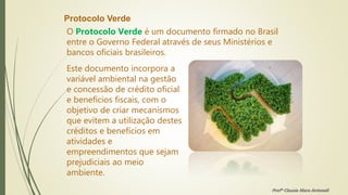 Protocolo Verde
O Protocolo Verde é um documento firmado no Brasil
entre o Governo Federal através de seus Ministérios e
bancos oficiais brasileiros.
Este documento incorpora a
variável ambiental na gestão
e concessão de crédito oficial
e benefícios fiscais, com o
objetivo de criar mecanismos
que evitem a utilização destes
créditos e benefícios em
atividades e
empreendimentos que sejam
prejudiciais ao meio
ambiente.
Profª Clausia Mara Antoneli
 