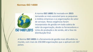 Normas ISO 14000
A norma ISO 14001 foi revisada em 2015
tornando-se mais acessível para as pequenas
e médias empresas e as organizações do setor
de serviços. Novas exigências foram
incorporadas de gestão em toda cadeia de
valor da organização, desde os fornecedores e
ciclos de produção e de venda, até a fase da
distribuição final.
A Norma ISO 14001 é a ferramenta de gestão mais difundida no
mundo, com mais de 250.000 organizações que a aplicam em 167
países.
Profª Clausia Mara Antoneli
 