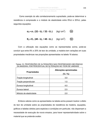 PROPRIEDADES DA MADEIRA
Departamento de Engenharia e Tecnologia Florestal da UFPR
Prof. João Carlos Moreschi

108

Como exemplo do alto correlacionamento supracitado, pode-se determinar a
resistência à compressão e o módulo de elasticidade entre 8%U e 20%U, pelas
seguintes equações:

σ2 = σ1 (32 - U2 / 32 - U1 )

(kg/ cm2)

55

E2 = E1 (48 - U2 / 48 - U1 )

(kg/ cm2)

56

Com a utilização das equações como as representadas acima, pode-se
concluir que entre 8% e 20% de teor de umidade, a madeira tem variações em suas
propriedades mecânicas nas proporções apresentadas na tabela 16 abaixo:

Tabela 16. PROPORÇÕES DE ALTERAÇÕES NAS PROPRIEDADES MECÂNICAS
DA MADEIRA, POR PERCENTUAL DE ALTERAÇÃO NO TEOR DE UMIDADE

Propriedades

Alterações aproximadas
(% / %)

Tração longitudinal

3,0

Tração perpendicular

1,5

Dureza longitudinal

4,0

Dureza lateral

2,5

Módulo de elasticidade

2,0

Embora valores como os apresentados na tabela acima possam ilustrar o efeito
do teor de umidade sobre as propriedades de resistência da madeira, equações,
gráficos e tabelas obtidos para espécies e condições em particular, não dispensam a
necessidade de execução de novos ensaios, para haver representatividade sobre o
material que se pretende avaliar.

 
