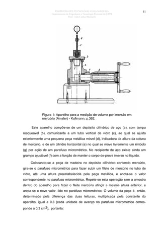 PROPRIEDADES TECNOLÓGICAS DA MADEIRA
Departamento de Engenharia e Tecnologia Florestal da UFPR
Prof. João Carlos Moreschi

11

Figura 1: Aparelho para a medição de volume por imersão em
mercúrio (Amsler) - Kollmann, p.362.
Este aparelho compõe-se de um depósito cilíndrico de aço (a), com tampa
rosqueavel (b), comunicante a um tubo vertical de vidro (c), ao qual se ajusta
exteriormente uma pequena peça metálica móvel (d), indicadora da altura da coluna
de mercúrio, e de um cilindro horizontal (e) no qual se move livremente um êmbolo
(g) por ação de um parafuso micrométrico. No recipiente de aço existe ainda um
grampo ajustável (f) com a função de manter o corpo-de-prova imerso no líquido.
Colocando-se a peça de madeira no depósito cilíndrico contendo mercúrio,
gira-se o parafuso micrométrico para fazer subir um filete de mercúrio no tubo de
vidro, até uma altura preestabelecida pela peça metálica, e anota-se o valor
correspondente no parafuso micrométrico. Repete-se esta operação sem a amostra
dentro do aparelho para fazer o filete mercúrio atingir a mesma altura anterior, e
anota-se o novo valor, lido no parafuso micrométrico. O volume da peça é, então,
determinado pela diferença das duas leituras, multiplicada pela constante do
aparelho, igual a 0,3 (cada unidade de avanço no parafuso micrométrico corresponde a 0,3 cm3), portanto:

 