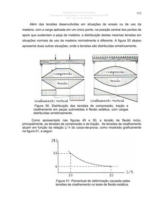 PROPRIEDADES DA MADEIRA
Departamento de Engenharia e Tecnologia Florestal da UFPR
Prof. João Carlos Moreschi

112

Além das tensões desenvolvidas em situações de ensaio ou de uso da
madeira, com a carga aplicada em um único ponto, na posição central dos pontos de
apoio que sustentam a peça de madeira, a distribuição destas mesmas tensões em
situações normais de uso da madeira normalmente é diferente. A figura 50 abaixo
apresenta duas outras situações, onde a tensões são distribuídas simetricamente.

Figura 50. Distribuição das tensões de compressão, tração e
cisalhamento em peças submetidas à flexão estática, com cargas
distribuídas simetricamente.
Como apresentado nas figuras 49 e 50, a tensão de flexão inclui,
principalmente, as tensões de compressão e de tração. As tensões de cisalhamento
atuam em função da relação L/ h do corpo-de-prova, como mostrado graficamente
na figura 51, a seguir:

Figura 51: Percentual de deformação causada pelas
tensões de cisalhamento no teste de flexão estática.

 
