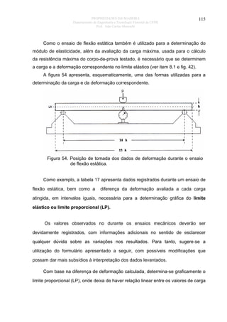 PROPRIEDADES DA MADEIRA
Departamento de Engenharia e Tecnologia Florestal da UFPR
Prof. João Carlos Moreschi

115

Como o ensaio de flexão estática também é utilizado para a determinação do
módulo de elasticidade, além da avaliação da carga máxima, usada para o cálculo
da resistência máxima do corpo-de-prova testado, é necessário que se determinem
a carga e a deformação correspondente no limite elástico (ver item 8.1 e fig. 42).
A figura 54 apresenta, esquematicamente, uma das formas utilizadas para a
determinação da carga e da deformação correspondente.

Figura 54. Posição de tomada dos dados de deformação durante o ensaio
de flexão estática.
Como exemplo, a tabela 17 apresenta dados registrados durante um ensaio de
flexão estática, bem como a

diferença da deformação avaliada a cada carga

atingida, em intervalos iguais, necessária para a determinação gráfica do limite
elástico ou limite proporcional (LP).
Os valores observados no durante os ensaios mecânicos deverão ser
devidamente registrados, com informações adicionais no sentido de esclarecer
qualquer dúvida sobre as variações nos resultados. Para tanto, sugere-se a
utilização do formulário apresentado a seguir, com possíveis modificações que
possam dar mais subsídios à interpretação dos dados levantados.
Com base na diferença de deformação calculada, determina-se graficamente o
limite proporcional (LP), onde deixa de haver relação linear entre os valores de carga

 
