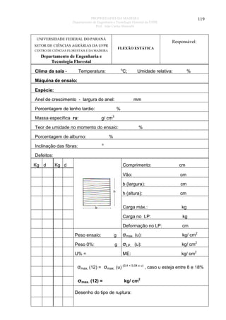 PROPRIEDADES DA MADEIRA
Departamento de Engenharia e Tecnologia Florestal da UFPR
Prof. João Carlos Moreschi

UNIVERSIDADE FEDERAL DO PARANÁ

119

Responsável:

SETOR DE CIÊNCIAS AGRÁRIAS DA UFPR

FLEXÃO ESTÁTICA

CENTRO DE CIÊNCIAS FLORESTAIS E DA MADEIRA

Departamento de Engenharia e
Tecnologia Florestal
Clima da sala -

o

Temperatura:

C;

Umidade relativa:

%

Máquina de ensaio:
Espécie:
Anel de crescimento - largura do anel:
Porcentagem de lenho tardio:
Massa específica ru:

mm
%

g/ cm3

Teor de umidade no momento do ensaio:
Porcentagem de alburno:
Inclinação das fibras:

%

%
o

Defeitos:
Kg d

Kg d

Comprimento:

cm

Vão:

cm

b (largura):

cm

h (altura):

cm

Carga máx.:

kg

Carga no LP:

kg

Deformação no LP:

cm

Peso ensaio:

g

σmax. (u):

kg/ cm2

Peso 0%:

g

σLP. (u):

kg/ cm2

ME:

kg/ cm2

U% =

σmax. (12) = σmax. (u) (0,4 + 0,04 x u) , caso u esteja entre 8 e 18%
σmax. (12) =

kg/ cm2

Desenho do tipo de ruptura:

 