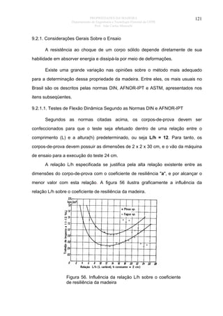 PROPRIEDADES DA MADEIRA
Departamento de Engenharia e Tecnologia Florestal da UFPR
Prof. João Carlos Moreschi

121

9.2.1. Considerações Gerais Sobre o Ensaio
A resistência ao choque de um corpo sólido depende diretamente de sua
habilidade em absorver energia e dissipá-la por meio de deformações.
Existe uma grande variação nas opiniões sobre o método mais adequado
para a determinação dessa propriedade da madeira. Entre eles, os mais usuais no
Brasil são os descritos pelas normas DIN, AFNOR-IPT e ASTM, apresentados nos
itens subseqüentes.
9.2.1.1. Testes de Flexão Dinâmica Segundo as Normas DIN e AFNOR-IPT
Segundos as normas citadas acima, os corpos-de-prova devem ser
confeccionados para que o teste seja efetuado dentro de uma relação entre o
comprimento (L) e a altura(h) predeterminado, ou seja L/h = 12. Para tanto, os
corpos-de-prova devem possuir as dimensões de 2 x 2 x 30 cm, e o vão da máquina
de ensaio para a execução do teste 24 cm.
A relação L/h especificada se justifica pela alta relação existente entre as
dimensões do corpo-de-prova com o coeficiente de resiliência "a", e por alcançar o
menor valor com esta relação. A figura 56 ilustra graficamente a influência da
relação L/h sobre o coeficiente de resiliência da madeira.

Figura 56. Influência da relação L/h sobre o coeficiente
de resiliência da madeira

 