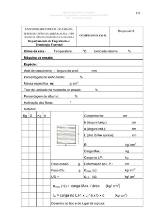 PROPRIEDADES DA MADEIRA
Departamento de Engenharia e Tecnologia Florestal da UFPR
Prof. João Carlos Moreschi

UNIVERSIDADE FEDERAL DO PARANÁ

133

Responsável:

SETOR DE CIÊNCIAS AGRÁRIAS DA UFPR

COMPRESSÃO AXIAL

CENTRO DE CIÊNCIAS FLORESTAIS E DA MADEIRA

Departamento de Engenharia e
Tecnologia Florestal
Clima da sala -

o

Temperatura:

C;

Umidade relativa:

%

Máquina de ensaio:
Espécie:
Anel de crescimento - largura do anel:
Porcentagem de lenho tardio:
Massa específica ru:

mm
%

g/ cm3

Teor de umidade no momento do ensaio:
Porcentagem de alburno:
Inclinação das fibras:

%

%
o

Defeitos:
Kg D

Kg d

Comprimento:

cm

b (largura tang.):

cm

a (largura rad.):

cm

L (dist. Entre apoios):

cm

E:

kg/ cm2

Carga Max.:

kg

Carga no LP:

kg

Peso ensaio:

g

Deformação no L.P.:

cm

Peso 0%:

g

σmax. (u):

kg/ cm2

σLP. (u):

kg/ cm2

U% =

σmax. (12) = carga Max. / área
E = carga no L.P. x L / a x b x d
Desenho do tipo e do lugar da ruptura:

(kg/ cm2)
(kg/ cm2)

 