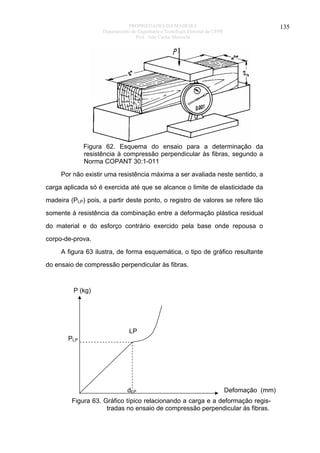 PROPRIEDADES DA MADEIRA
Departamento de Engenharia e Tecnologia Florestal da UFPR
Prof. João Carlos Moreschi

135

Figura 62. Esquema do ensaio para a determinação da
resistência à compressão perpendicular às fibras, segundo a
Norma COPANT 30:1-011
Por não existir uma resistência máxima a ser avaliada neste sentido, a
carga aplicada só é exercida até que se alcance o limite de elasticidade da
madeira (PLP) pois, a partir deste ponto, o registro de valores se refere tão
somente à resistência da combinação entre a deformação plástica residual
do material e do esforço contrário exercido pela base onde repousa o
corpo-de-prova.
A figura 63 ilustra, de forma esquemática, o tipo de gráfico resultante
do ensaio de compressão perpendicular às fibras.

P (kg)

LP
PLP

dLP

Defomação (mm)

Figura 63. Gráfico típico relacionando a carga e a deformação registradas no ensaio de compressão perpendicular às fibras.

 